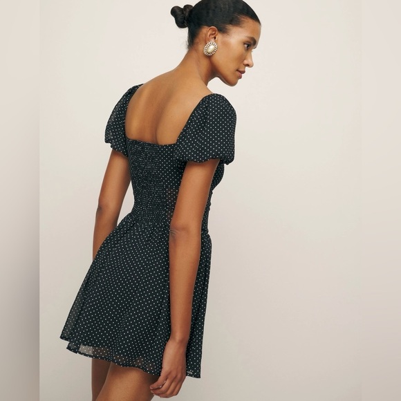 NEW Reformation Davonne Mini  Dress in Black Polkadot Frill Detail | size 0 - Picture 2 of 13